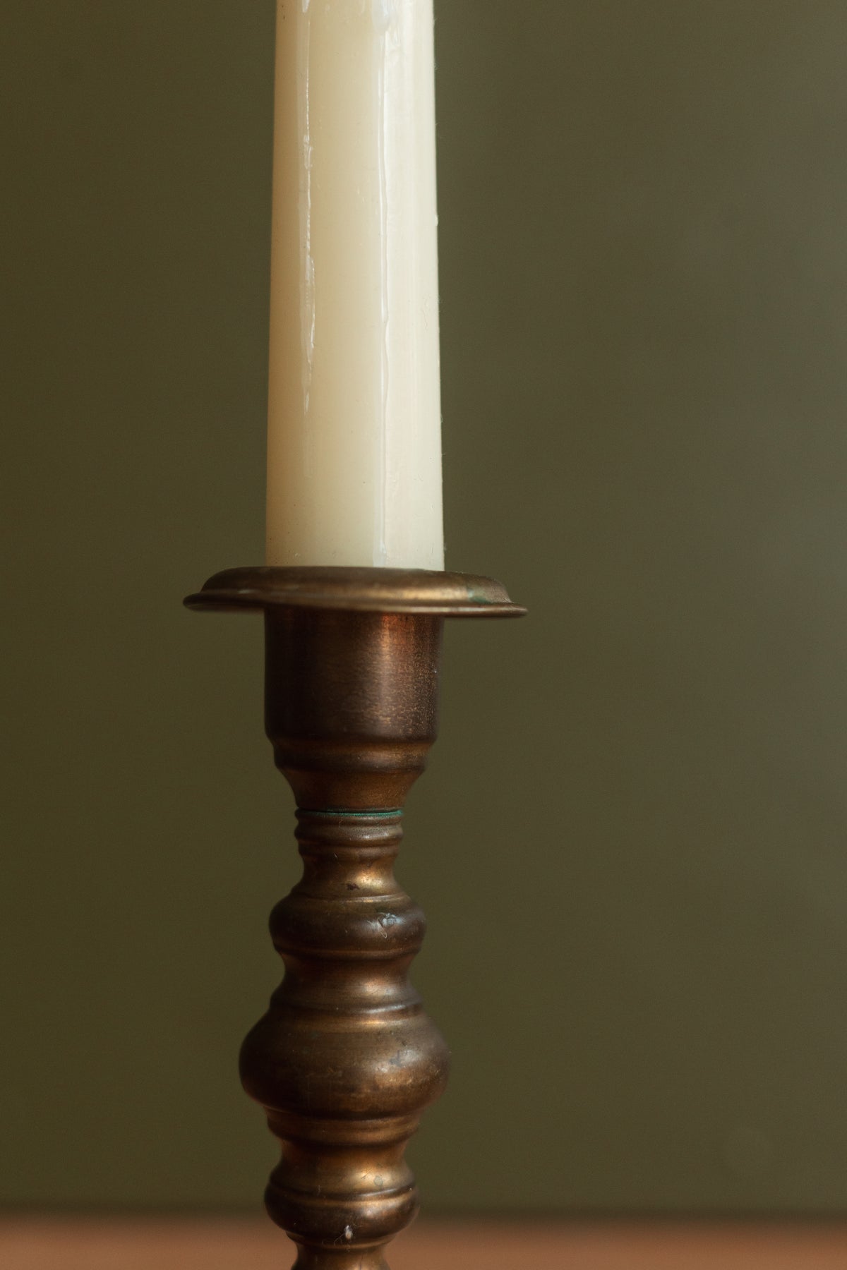Patinated Brass Classic Turned Candlestick Holder, Pair