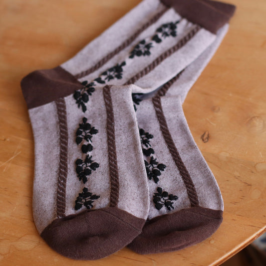 Dune Socks | Mixed Motif Brown with Black Florals Crew Sock