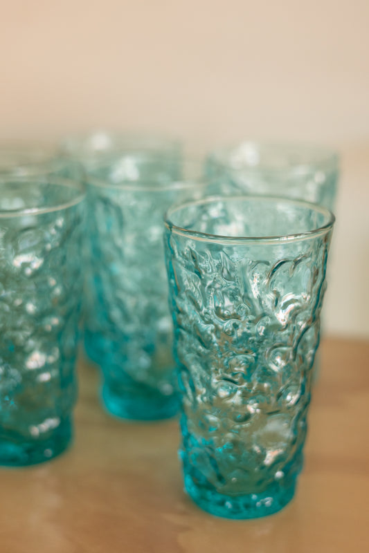 Turquoise Anchor Hocking Crinkle Glass Tumblers, set of 6