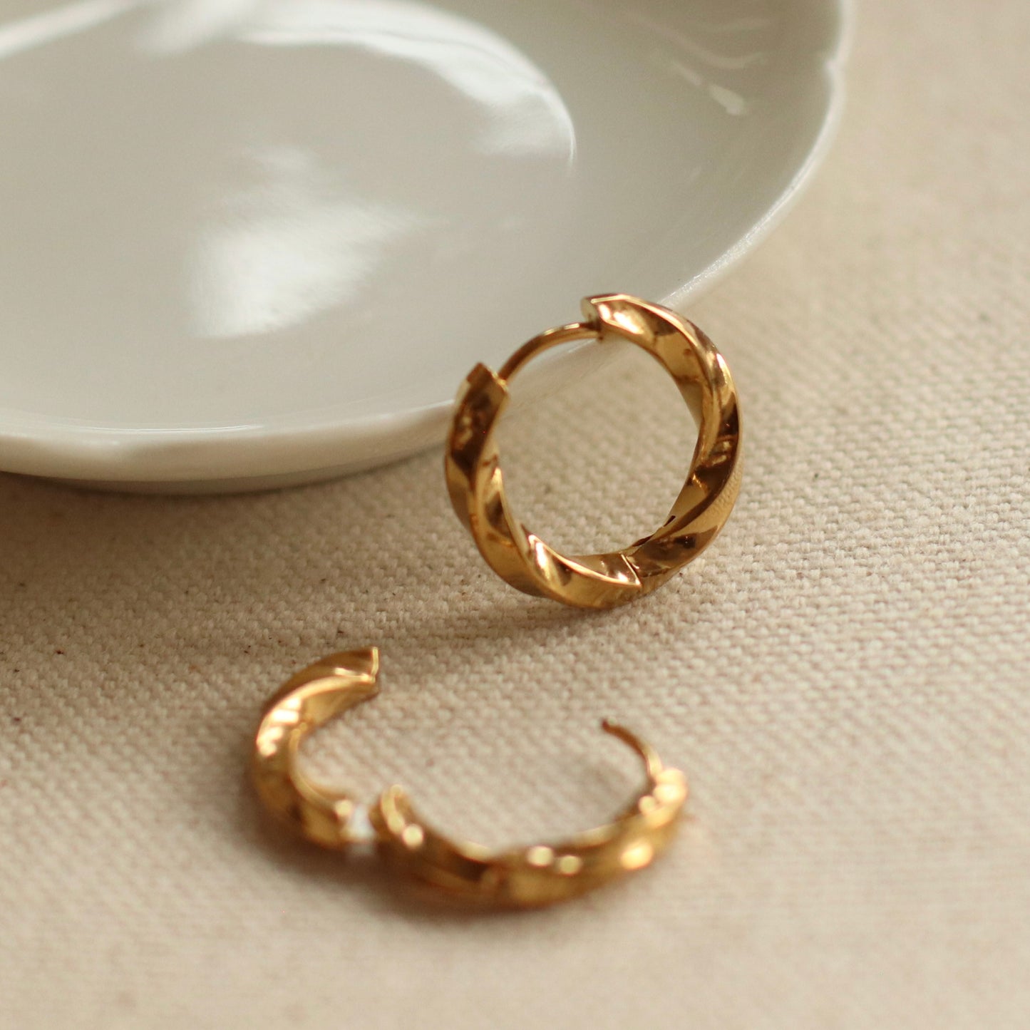 Dune Hoops | Gold Stainless Steel Textured Twist Hoop Huggie, 18mm