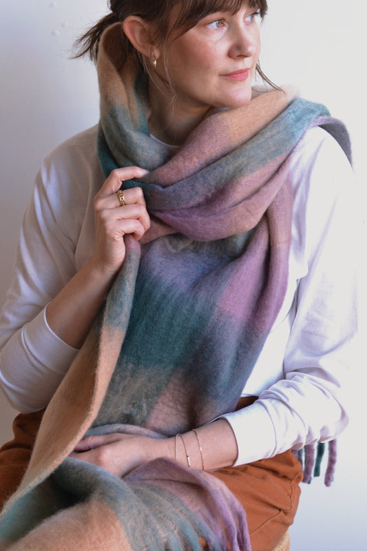 Adorro | Chunky Oblong Plaid Scarf, Green Brown