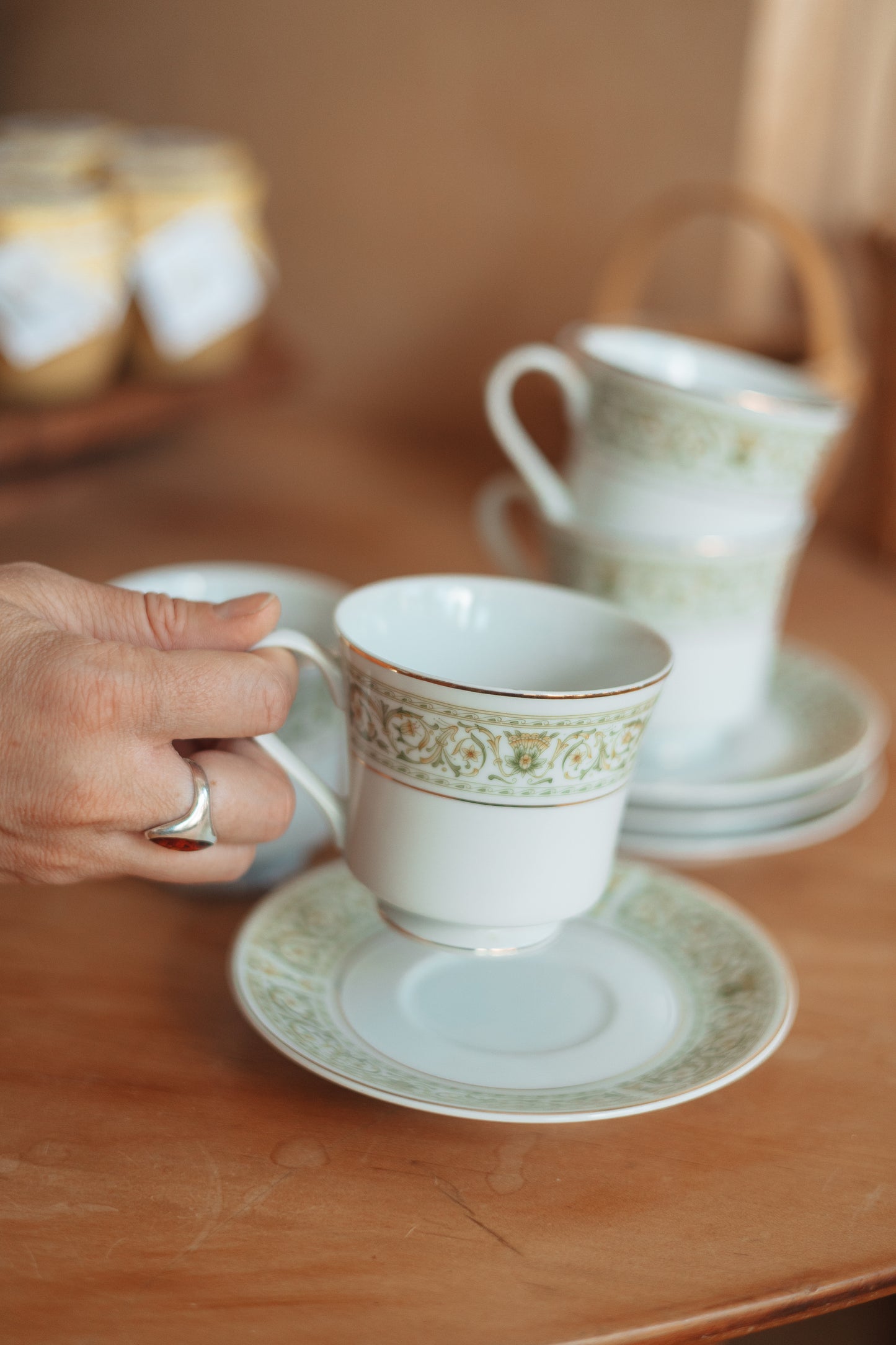 Teacup and Saucer with Green Pattern and Gold Detail, Japan