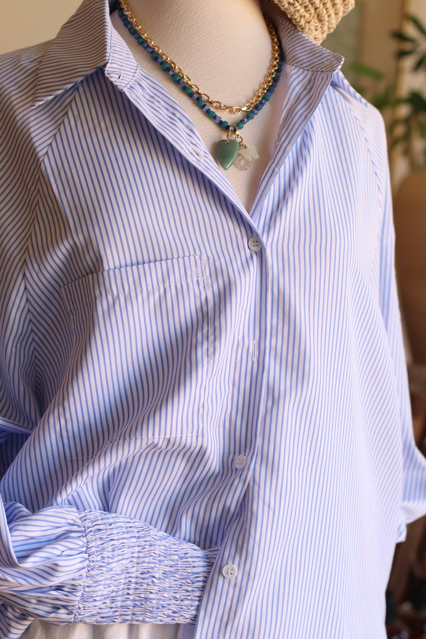 Smocked Cuff Striped Boyfriend Shirt, Chambray