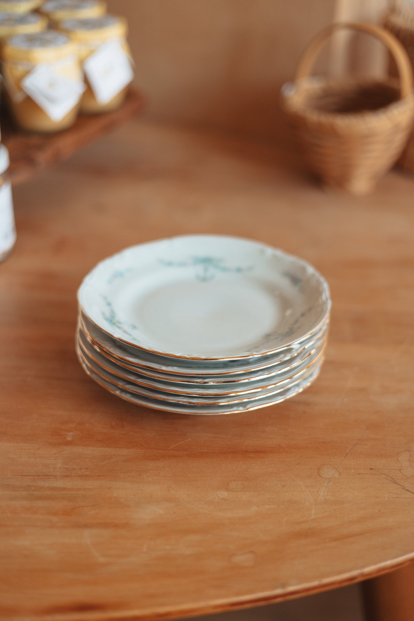 White China Dessert Plates with Blue Floral Ribbon Pattern & Gold Edge, Polish, Set of 6