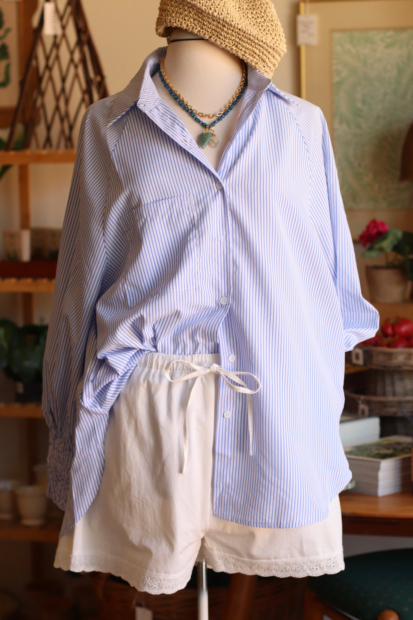 Smocked Cuff Striped Boyfriend Shirt, Chambray