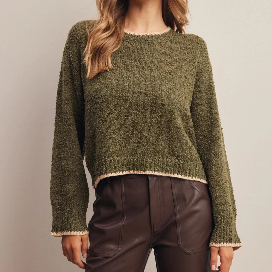 Olive Slub Knit Cropped Sweater