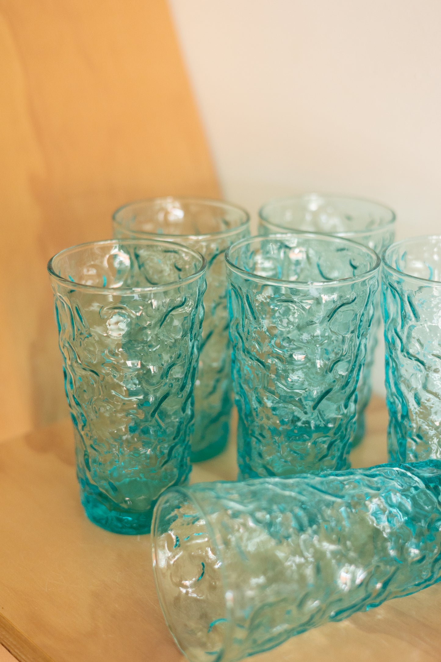 Turquoise Anchor Hocking Crinkle Glass Tumblers, set of 6