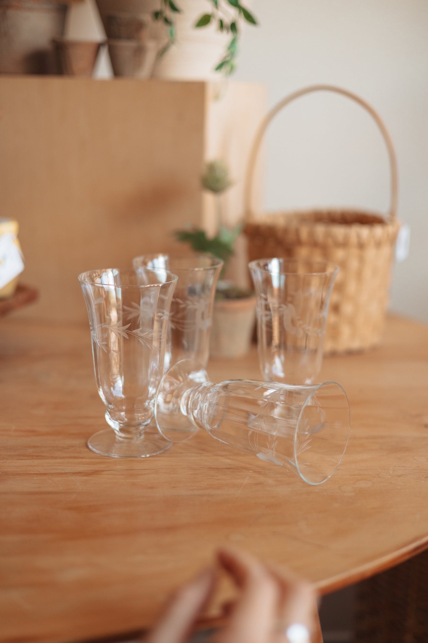 Etched Juice Glasses with Double Ringed Stem Base, Set of 4