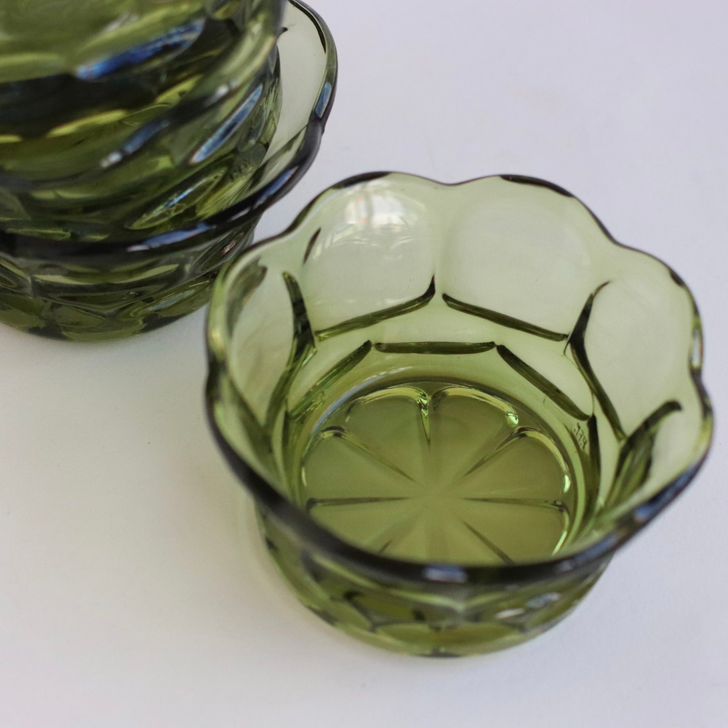 Scalloped Green Glass Snack Bowls, Set of 4