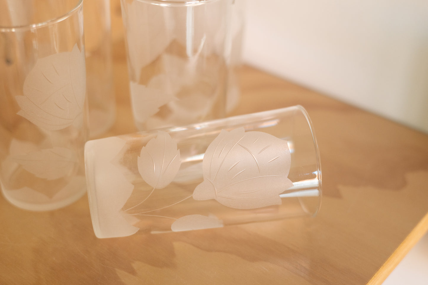 Clear Water Glasses with Flower Stem Etching, Set of 5