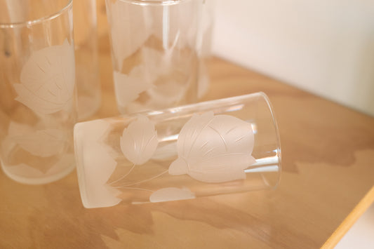 Clear Water Glasses with Flower Stem Etching, Set of 6