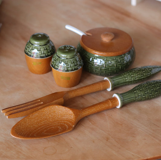 Vintage Japanese Green Porcelain and Wood Serving Set, 5 pieces