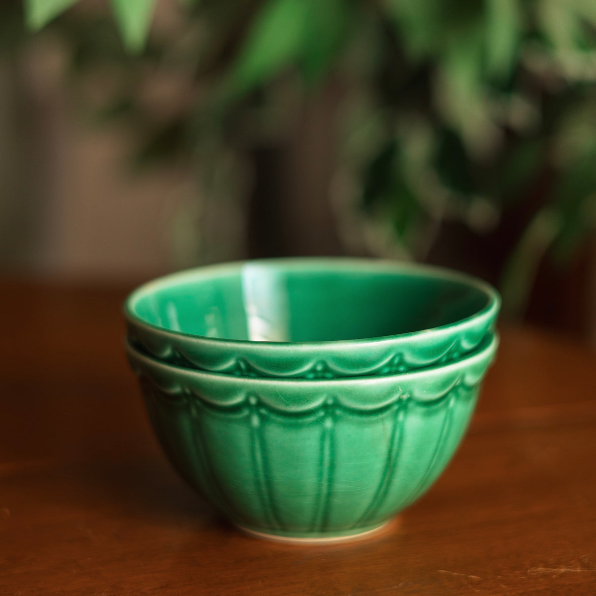 Green Glazed Scalloped Edge Bowls, Pair