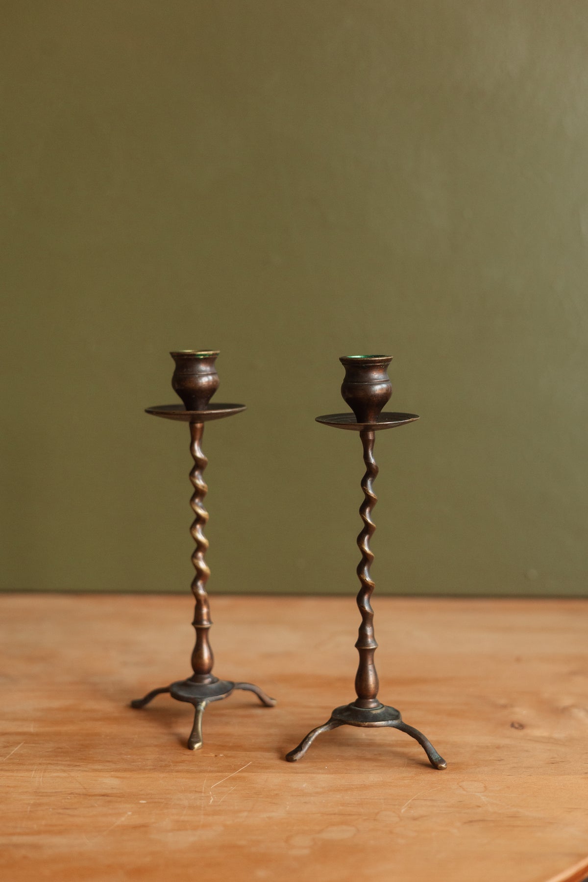 Patinated Brass Skinny Twist Candlestick Holder, Pair
