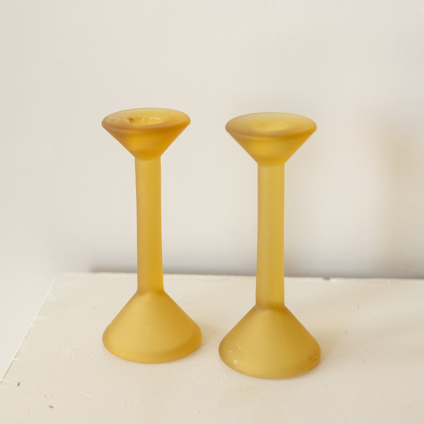 Frosted Yellow Glass Candlesticks, Pair