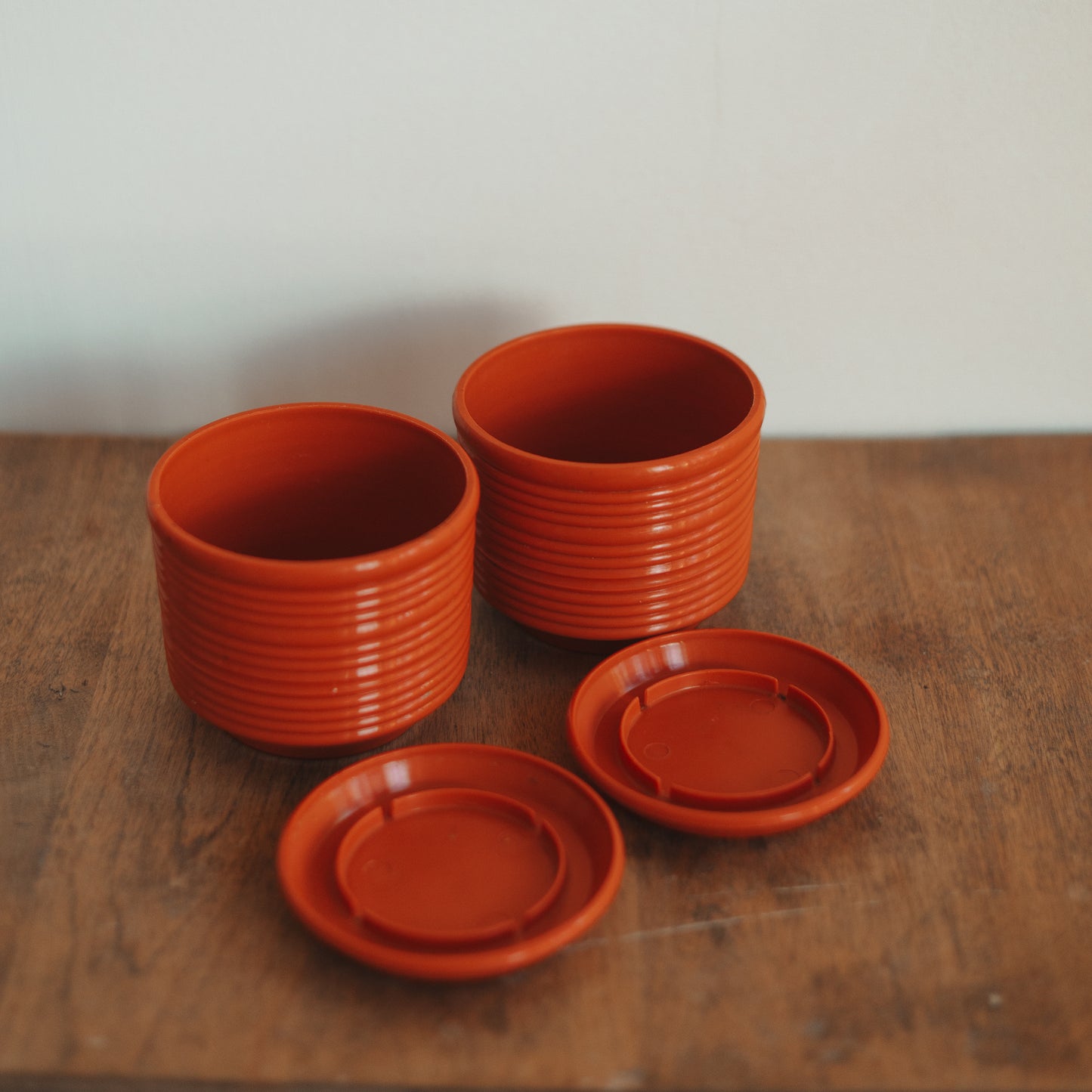 Orange Ribbed Plant Pot with Matching Saucer