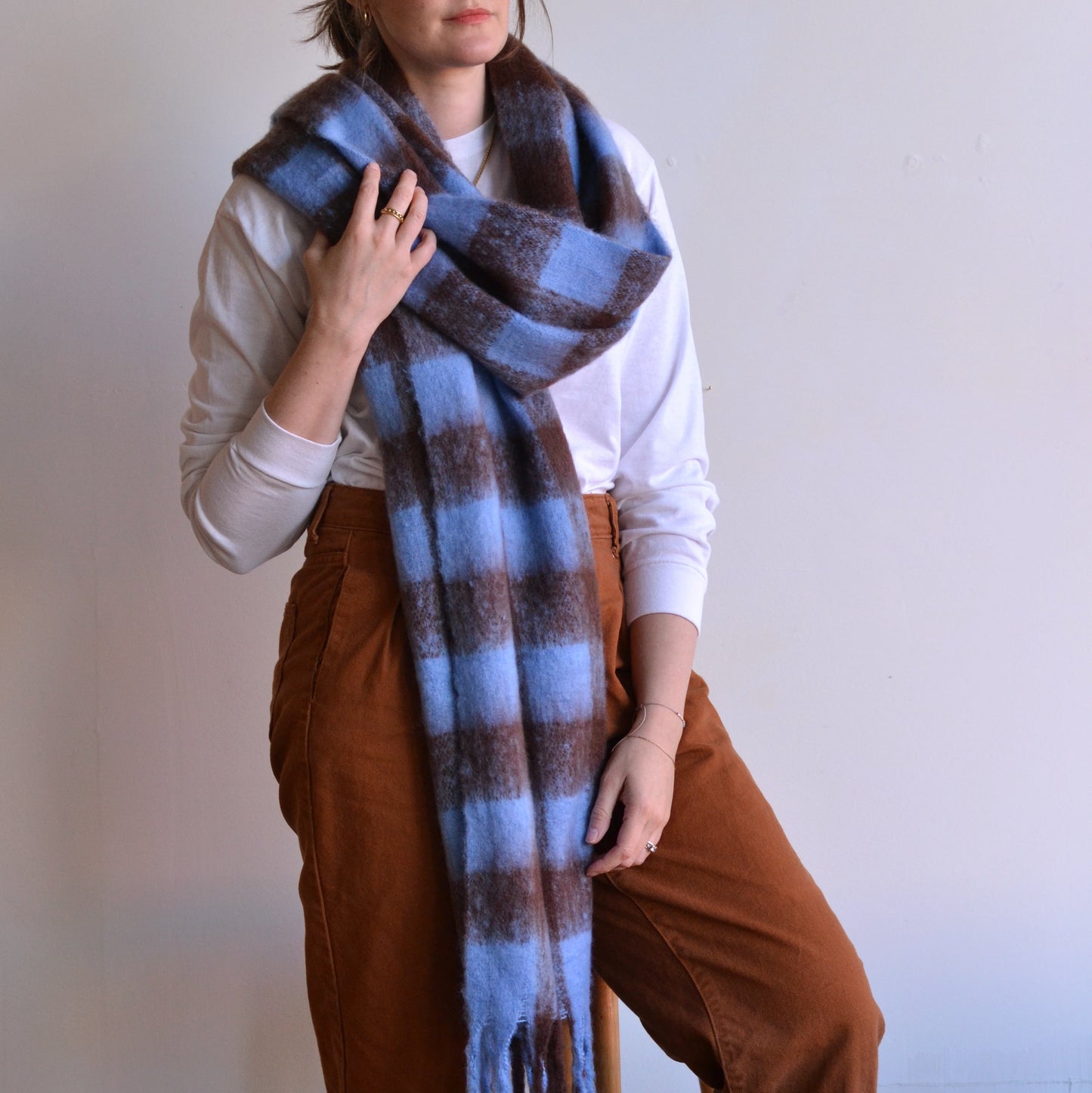 Adorro | Chunky Oblong Plaid Scarf, Blue Brown