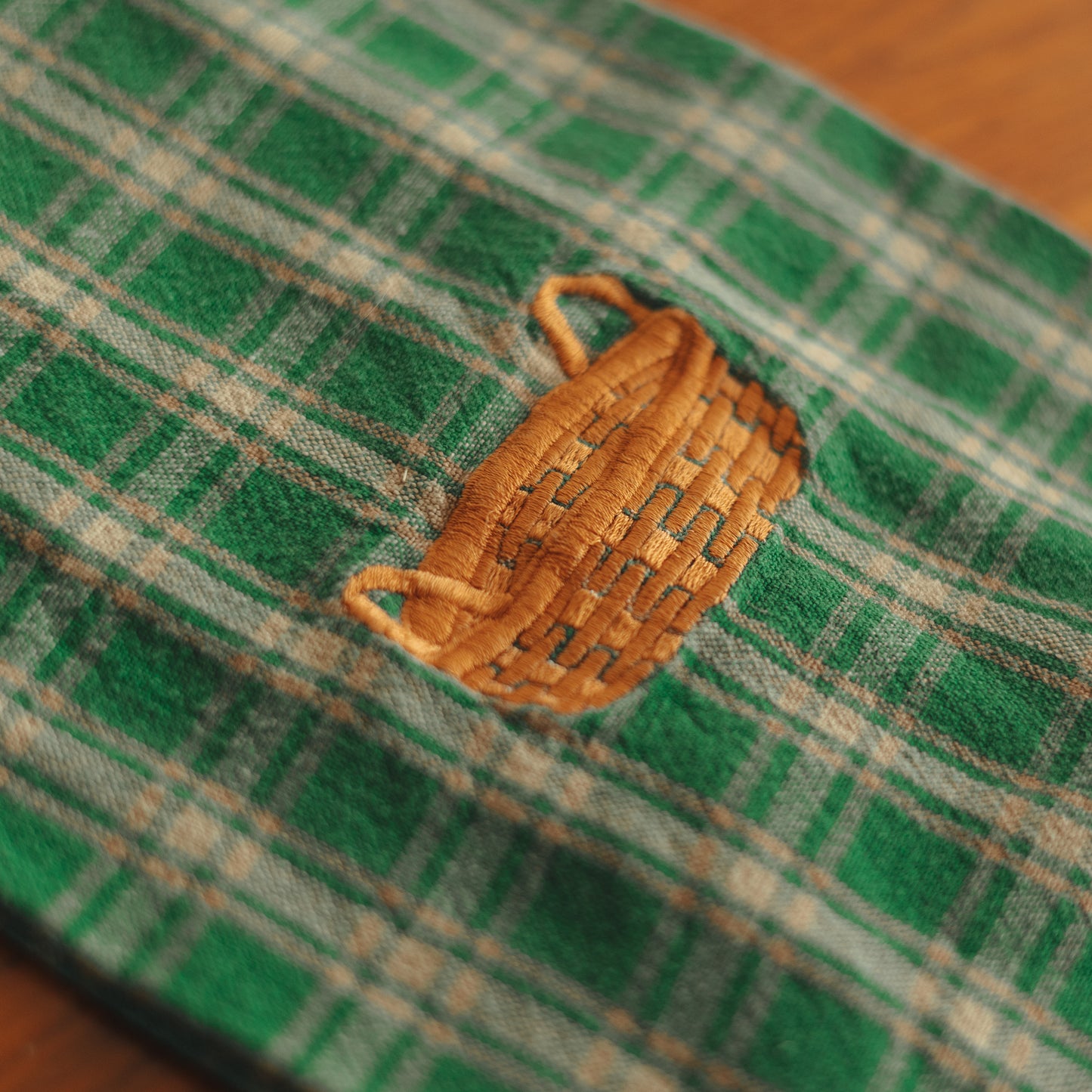 Green Plaid Hand Towel with Basket Embroidery