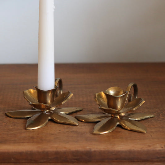 Vintage Brass Lotus Flower Candleholder, Pair