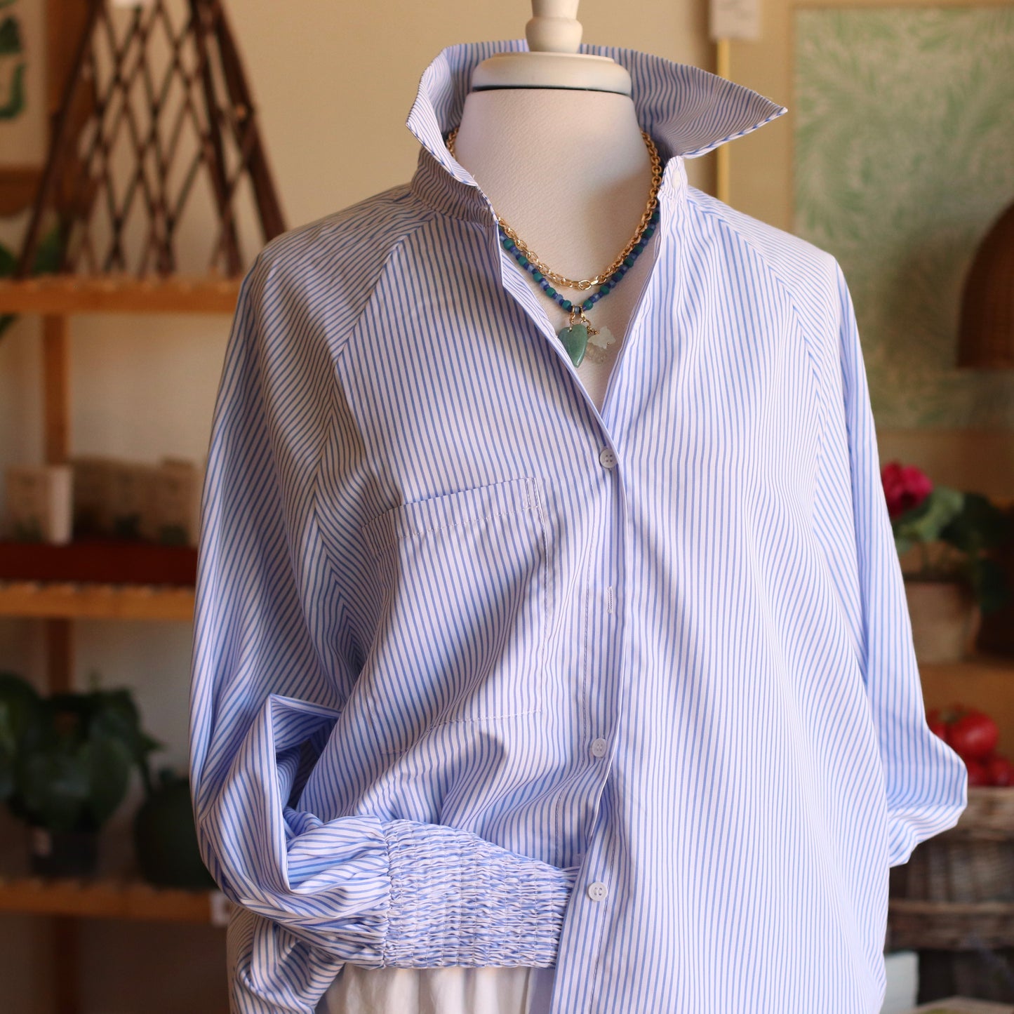 Smocked Cuff Striped Boyfriend Shirt, Chambray