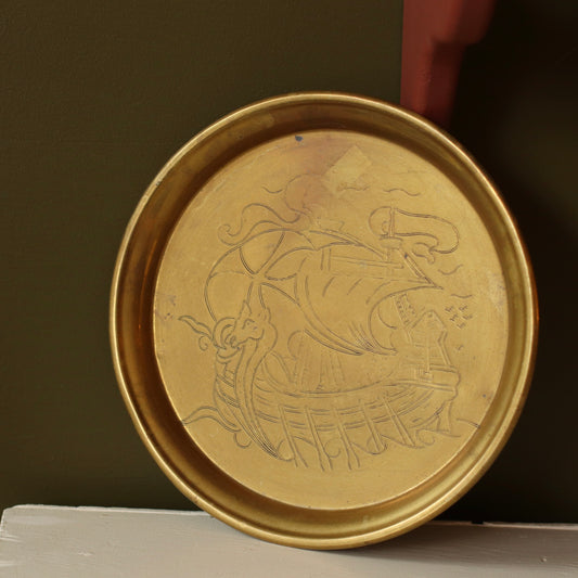 Small Brass Tray with Viking Boat Engraving