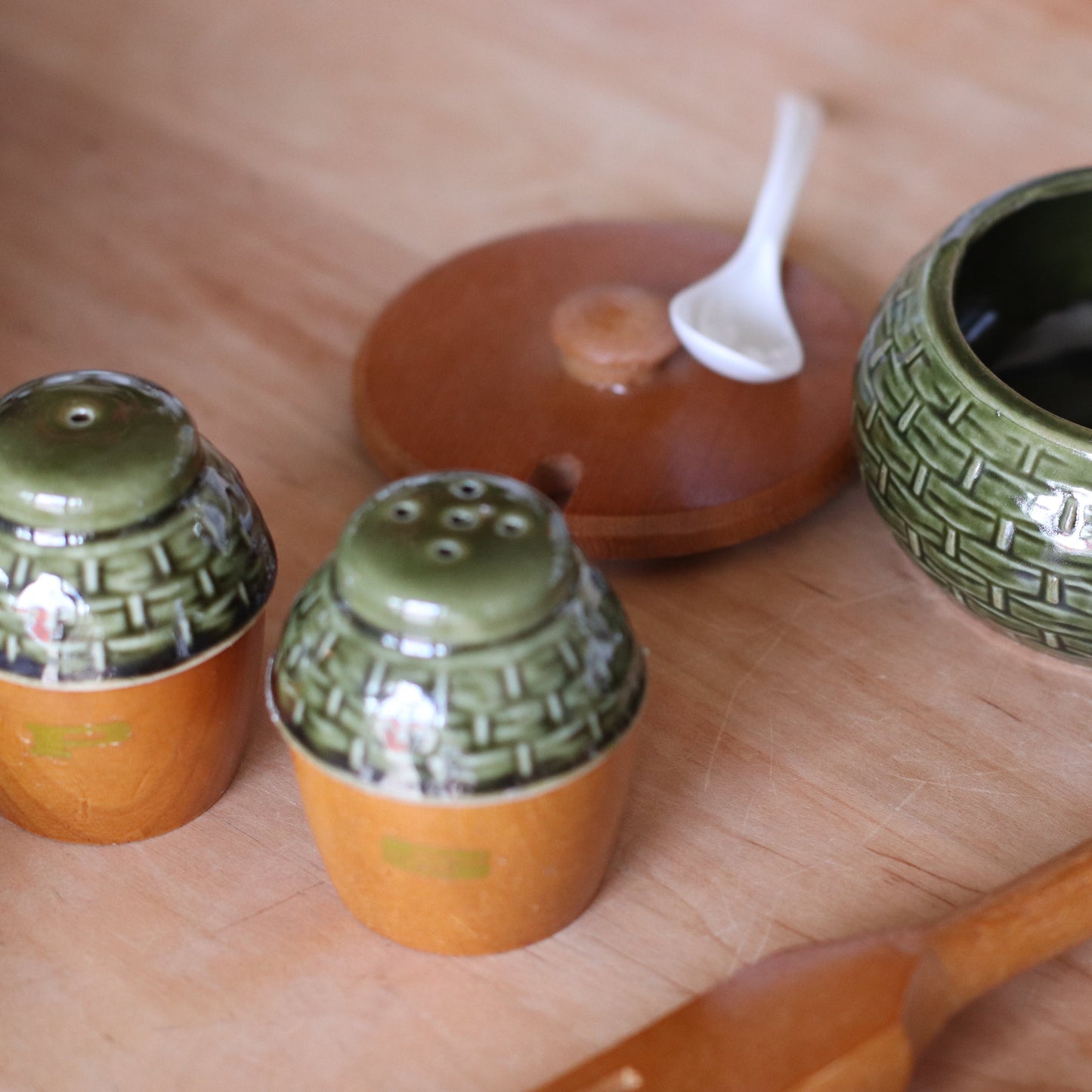 Vintage Japanese Green Porcelain and Wood Serving Set, 5 pieces