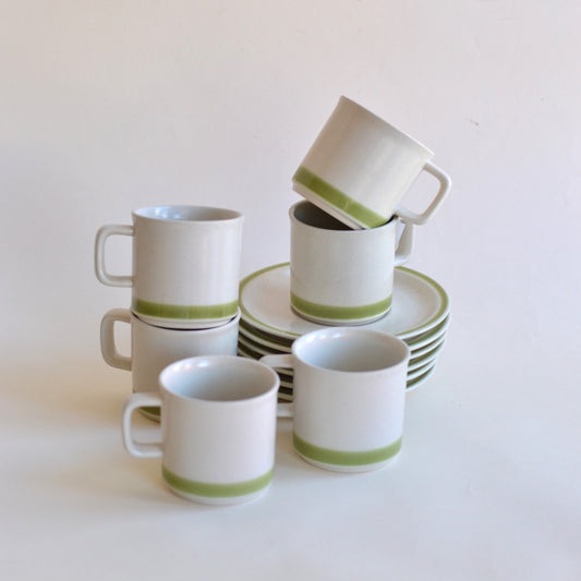 Green Striped Vintage Stoneware Mugs, Set of 6