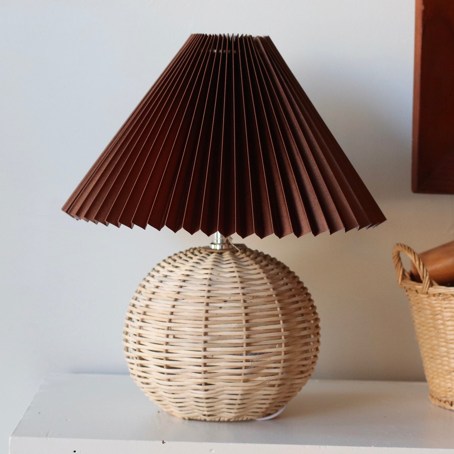 Accent Lamp | Round Rattan Lamp with Pleated Shade
