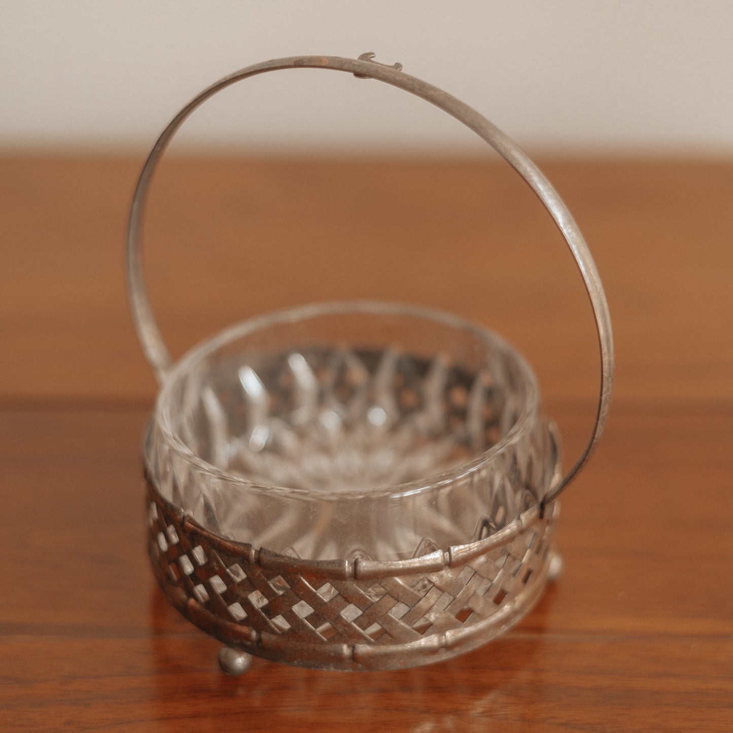 Cut Glass Dish in Silver Basket