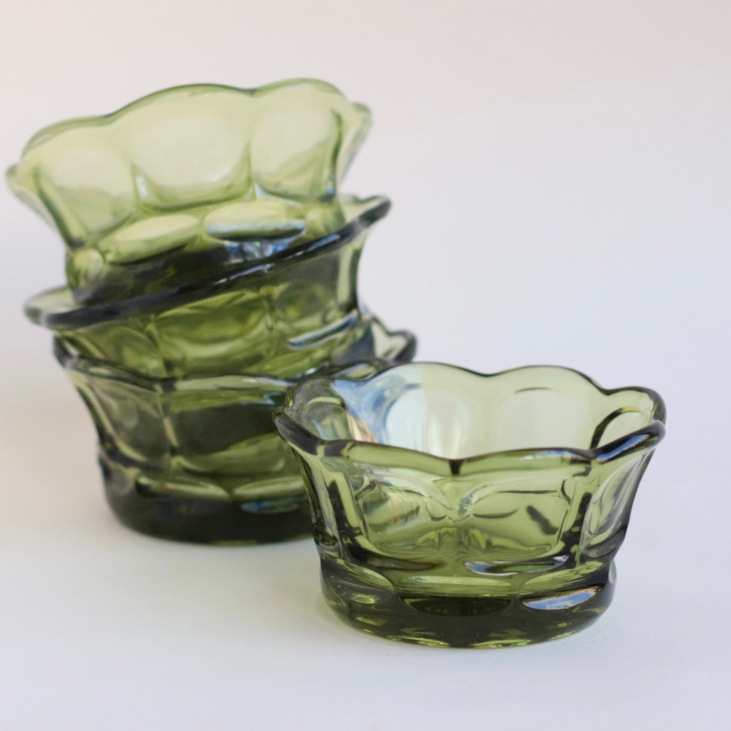 Scalloped Green Glass Snack Bowls, Set of 4