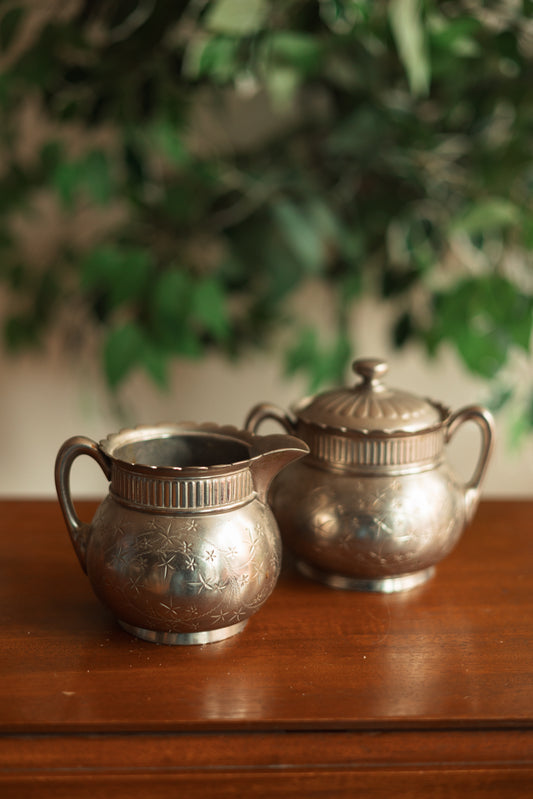 Antique Silver Plated Creamer and Lidded Sugar Dish