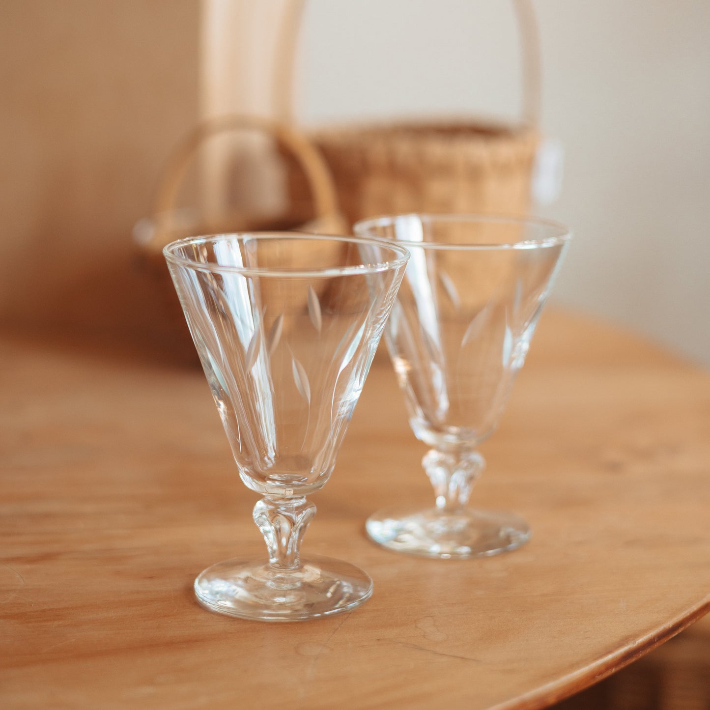 Pair of Clear Glass Water Goblets with Etched Reed Detailing