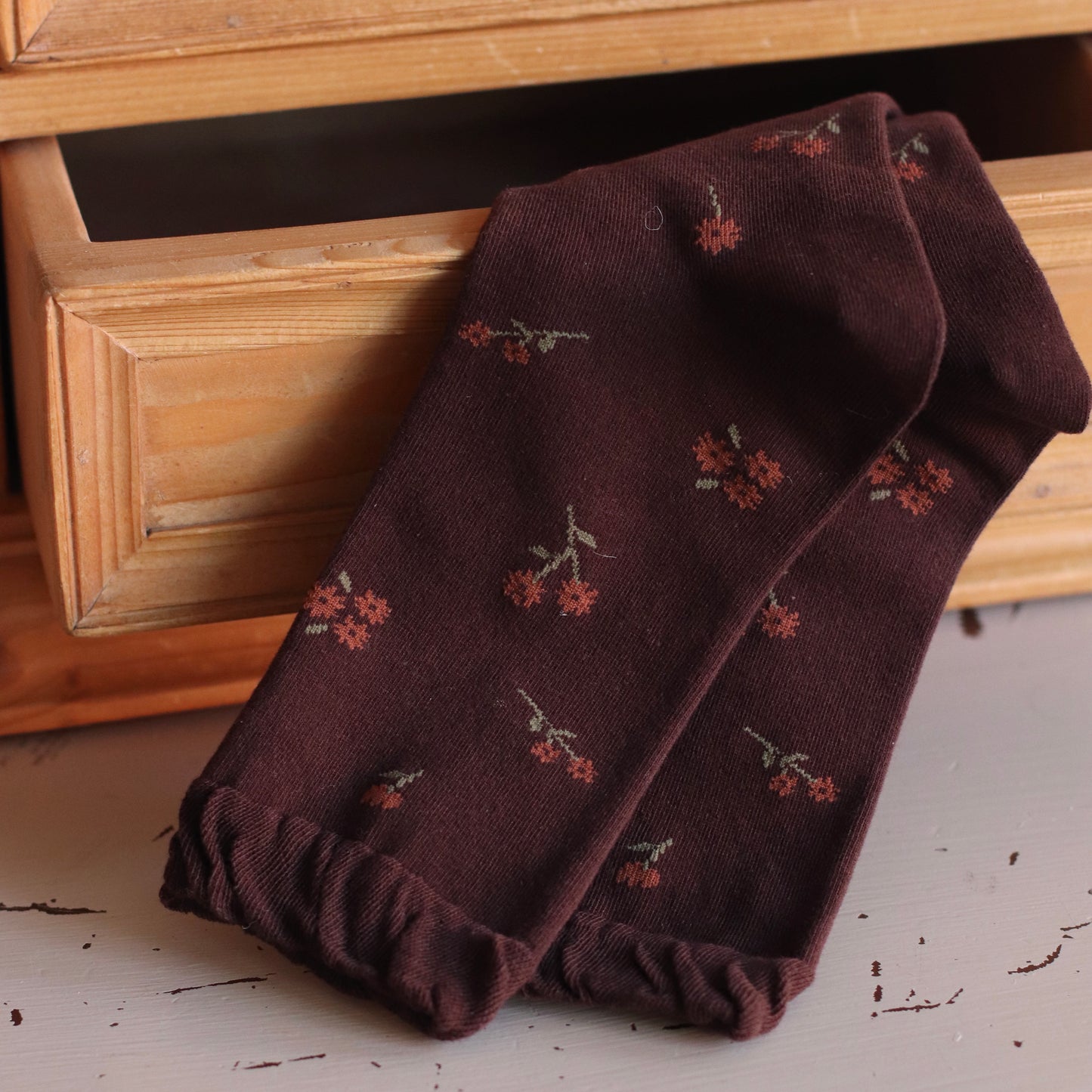 Dune Socks | Ruffle Top Flower Stem Socks, Brown