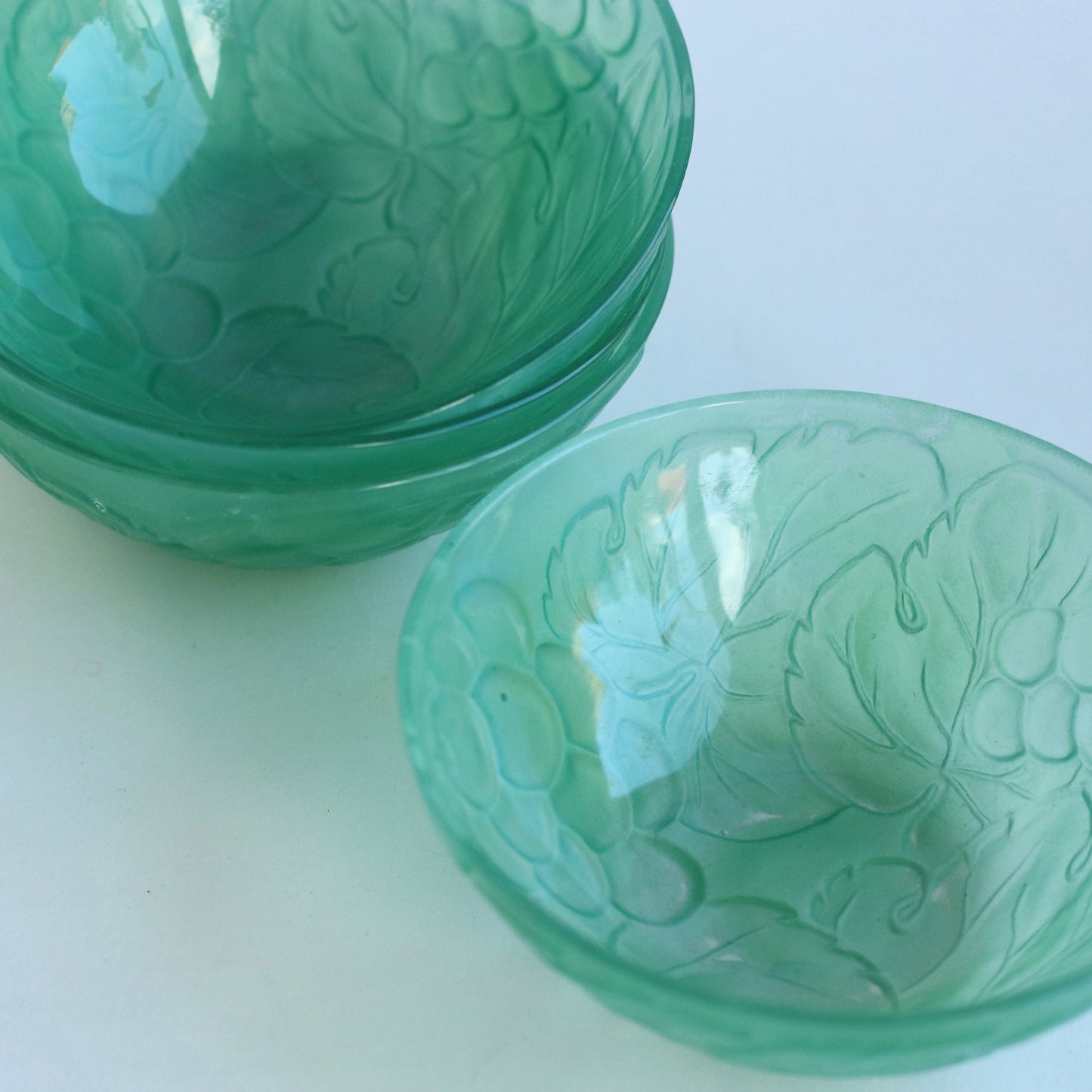Frosted Green Glass bowls with grape motif, Set of 4