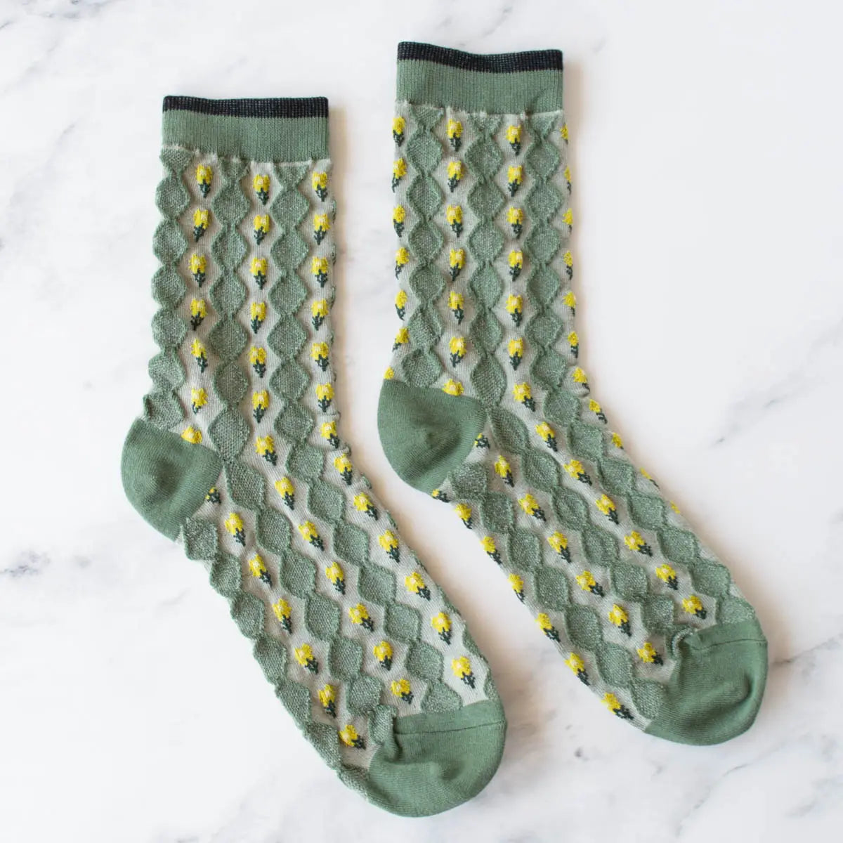 Tiepology | Little Daisy Diamond Shape Socks, Warm Sage