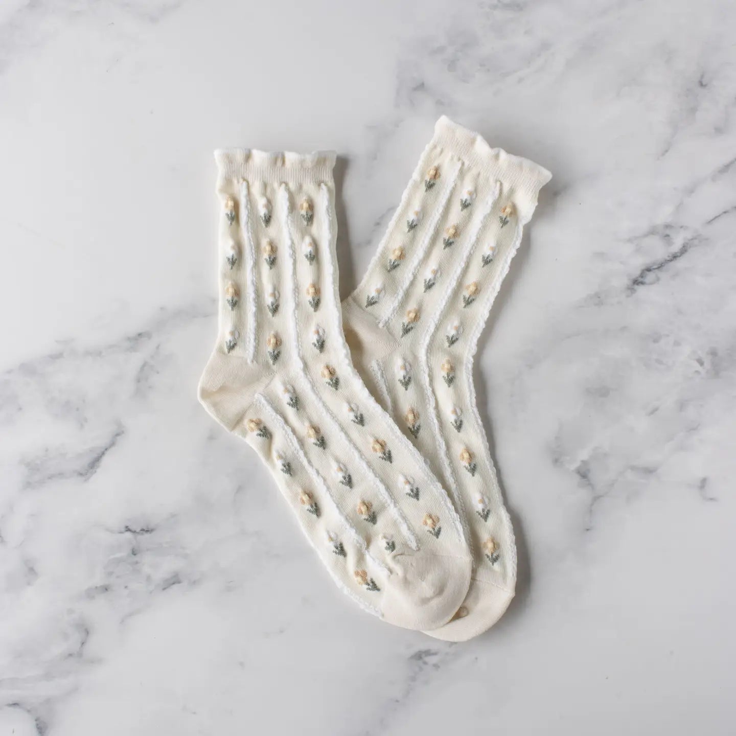 Tiepology | Pastel Color Floral Casual Socks, Banana Cream