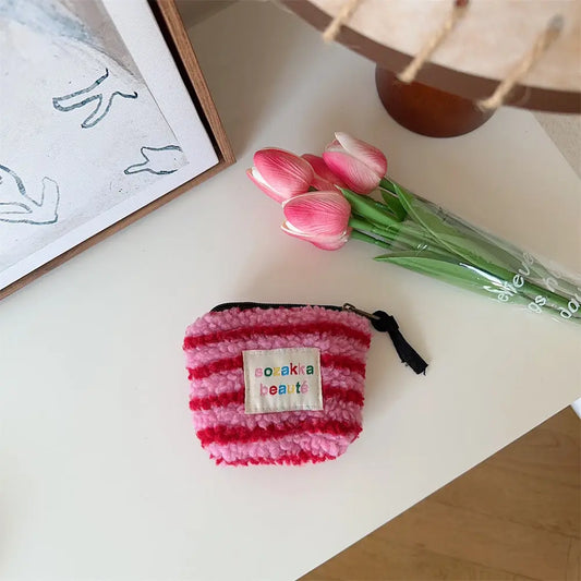 Funky | Mini Plush Make-up Bag, pink and red stripe