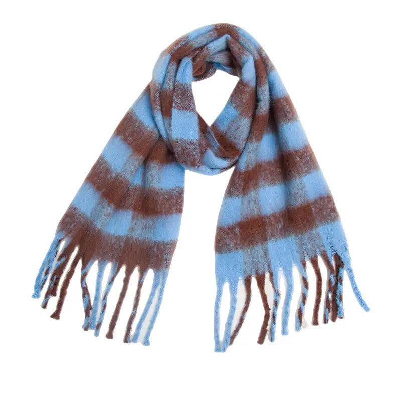 Adorro | Chunky Oblong Plaid Scarf, Blue Brown