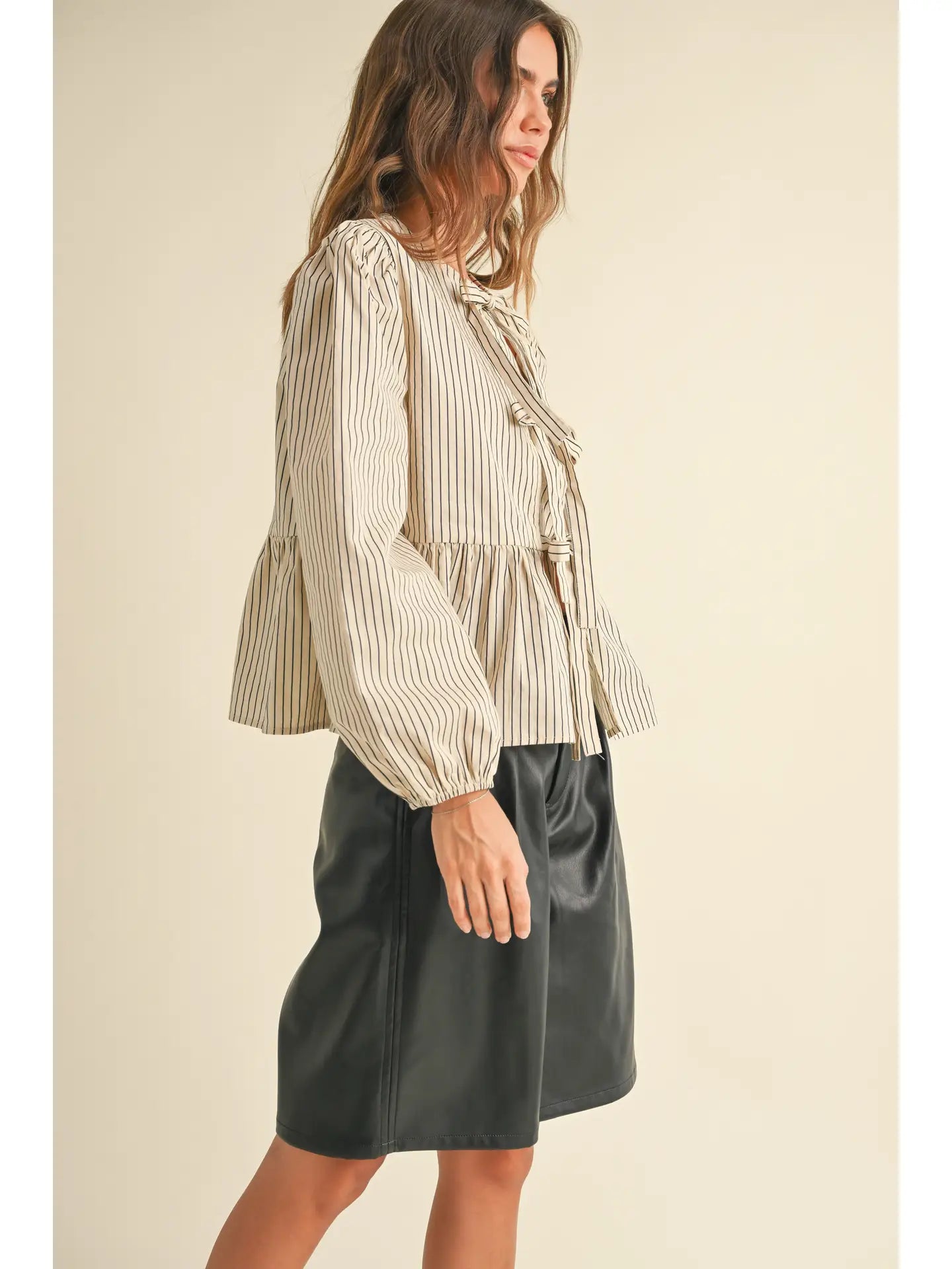 Miou Muse  |  Navy Striped Blouse with Tie Fronts