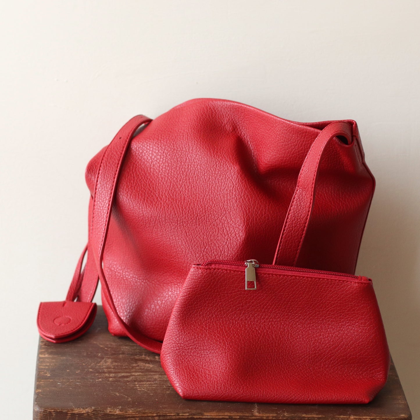 Vegan Leather Bag | Over the Shoulder Tote Bag with Matching Cosmetic Bag, Ruby Red