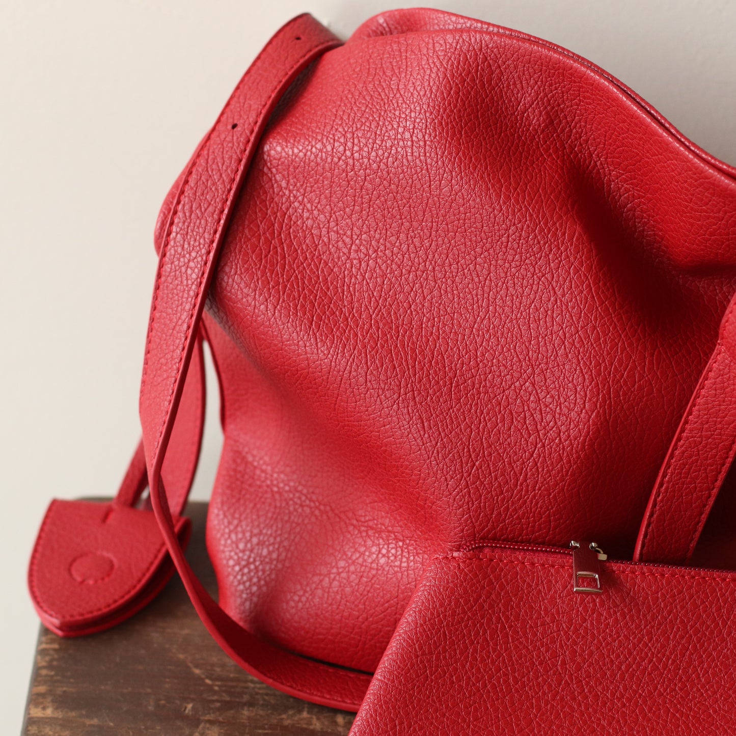 Vegan Leather Bag | Over the Shoulder Tote Bag with Matching Cosmetic Bag, Ruby Red