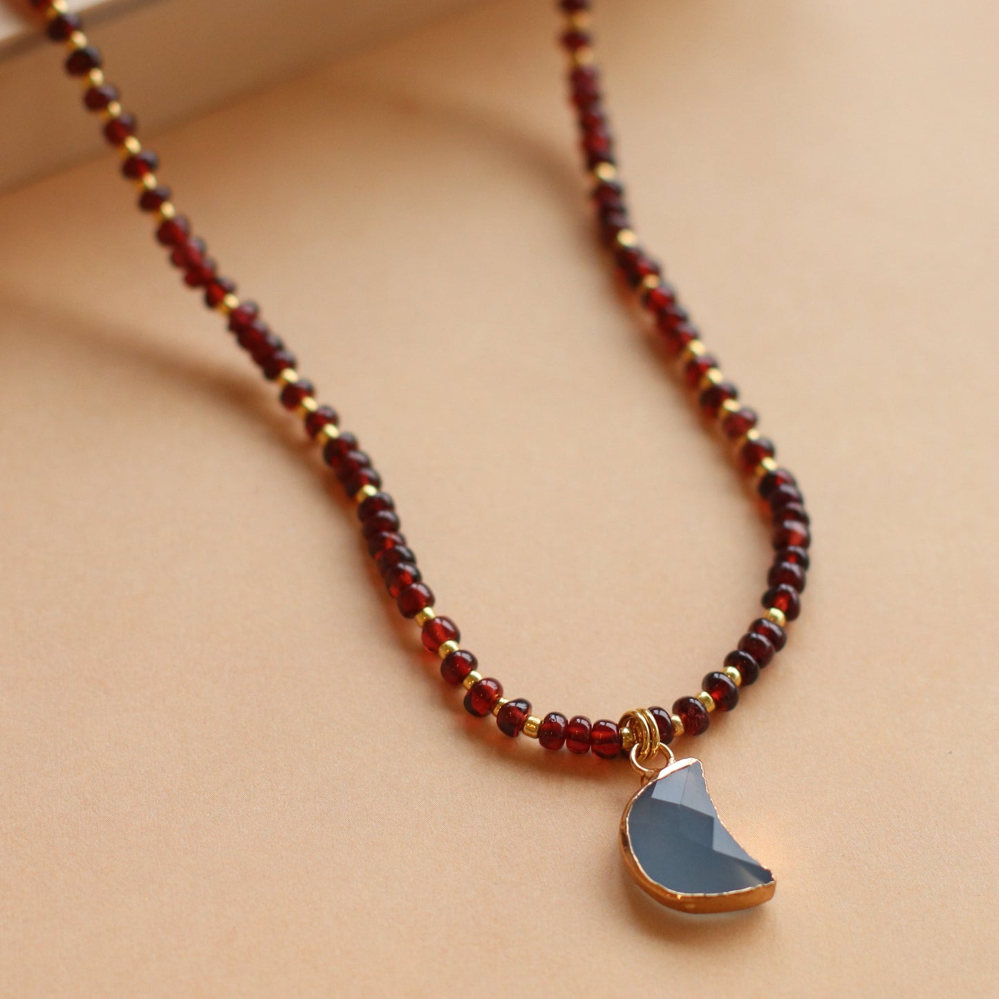 Cire' Alexandria  | Genuine Garnet Bead Necklace with Blue Opal Moon
