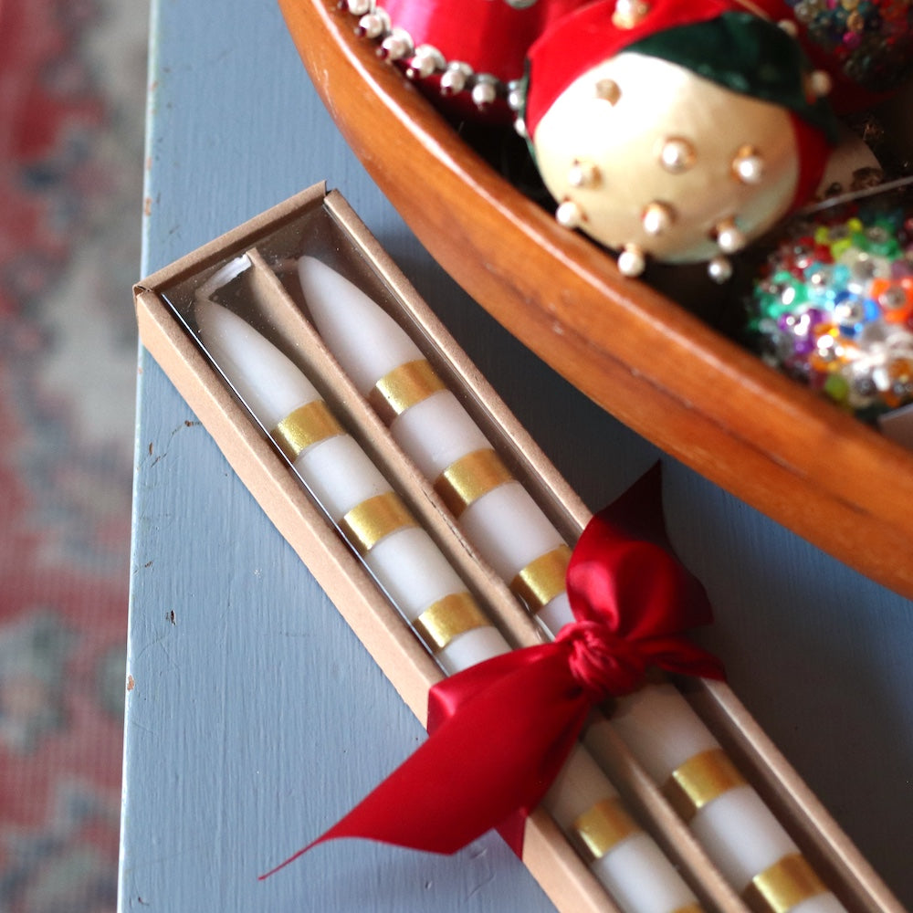 Holiday | White With Gold Stripes Taper Candle Set