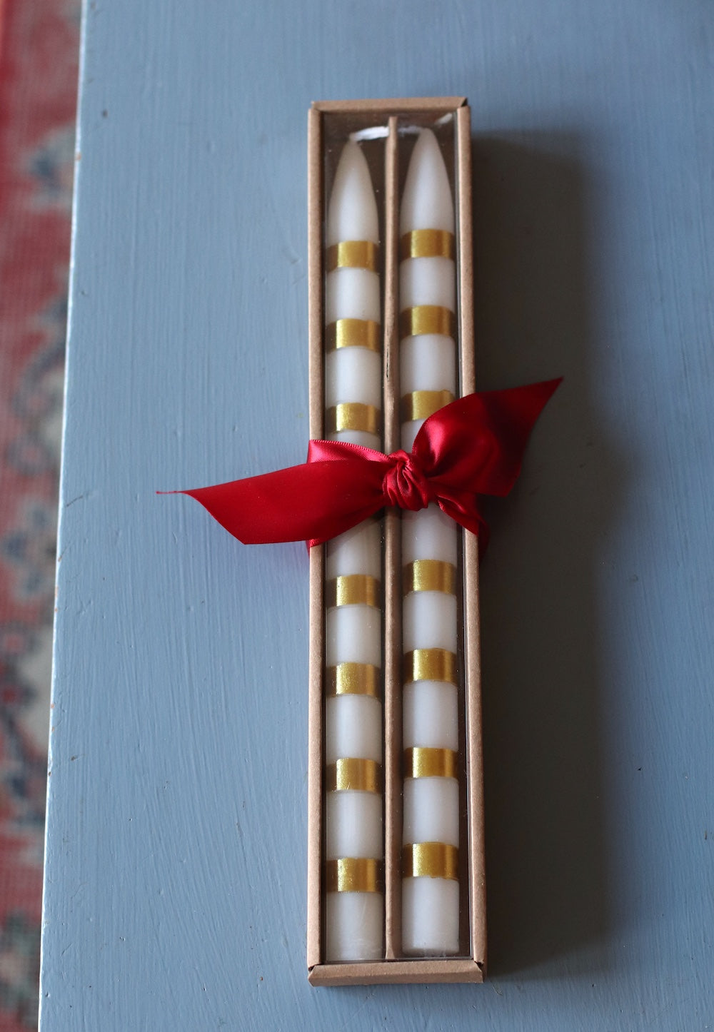 Holiday | White With Gold Stripes Taper Candle Set