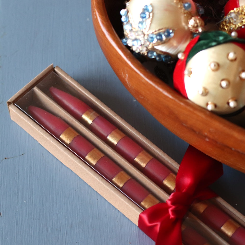 Holiday | Red and Gold Stripes Taper Candle Set