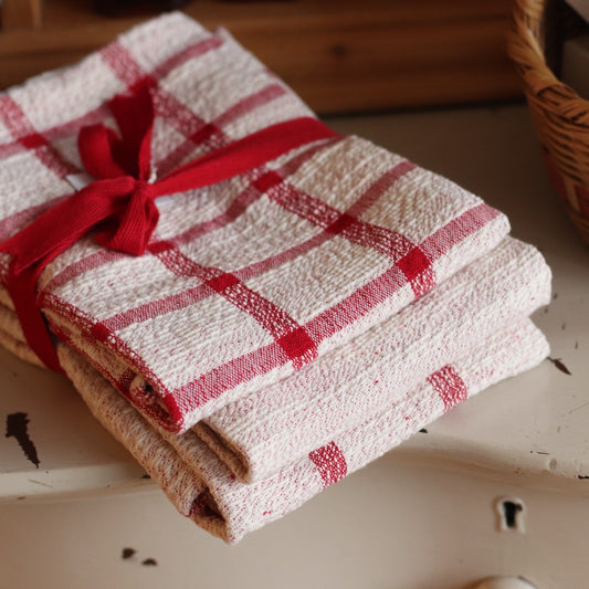 Cotton Towel | Red Stipe, Solid and Plaid Set