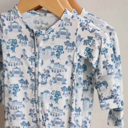 Little Threads | Blue Toile De Jouy Bamboo Footie