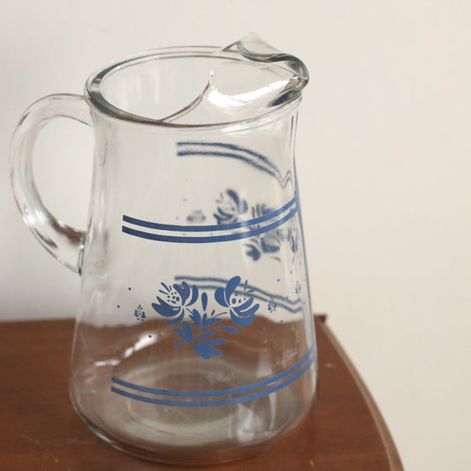 Clear Glass Water Pitcher with Blue Folk Detail