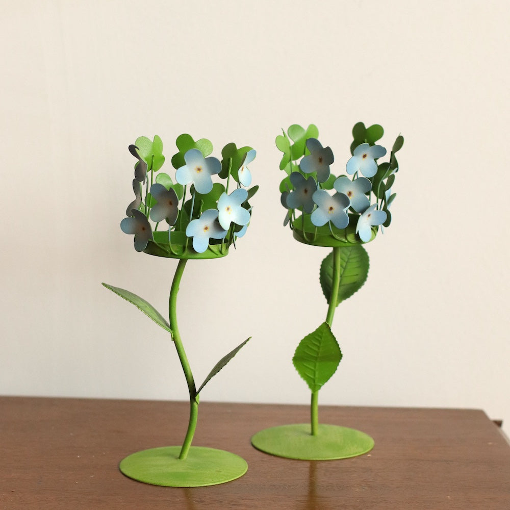 Pair of MCM Blue & Green Metal Hydrangea Candleholders