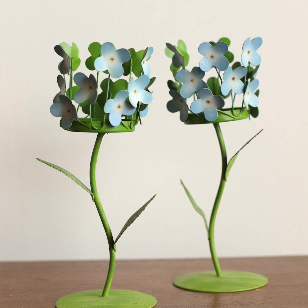 Pair of MCM Blue & Green Metal Hydrangea Candleholders